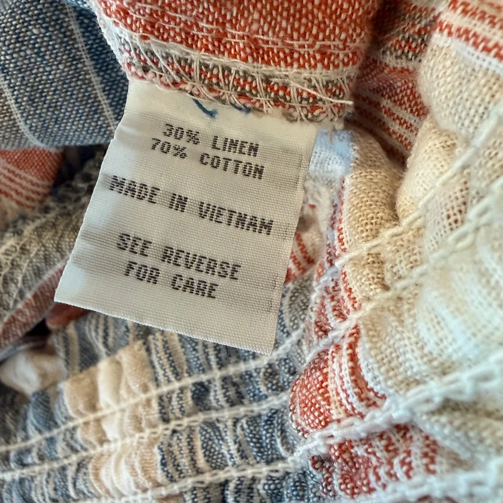 April Kiss Smocked Waist Boho Linen Cotton Blend Large Beach Pants Blue Orange - Picture 13 of 14